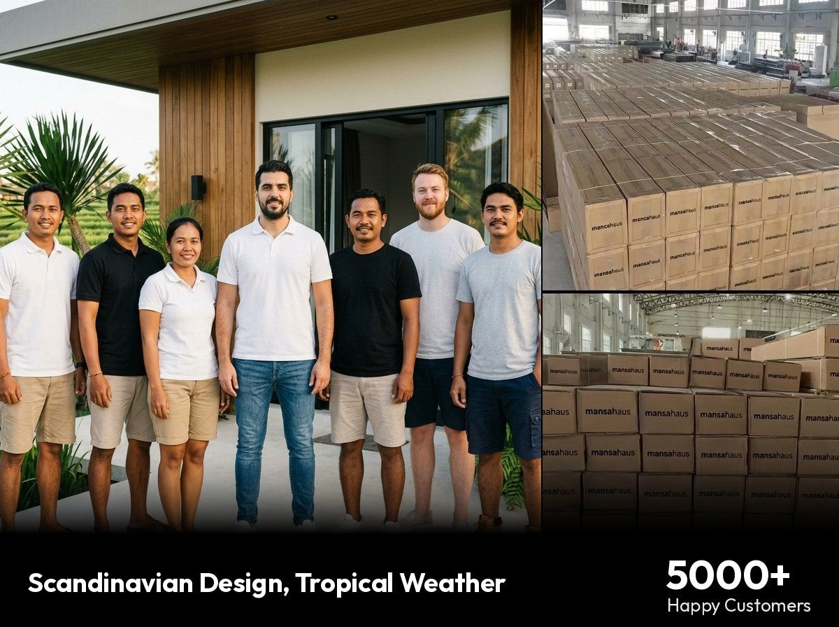 The Mansahaus team, and awnings boxed for dispatch