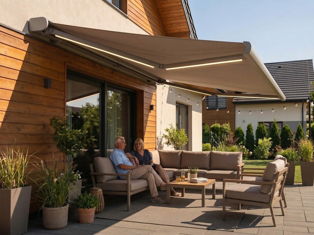 Electric retractable awning shading a patio lounge in the afternoon sun