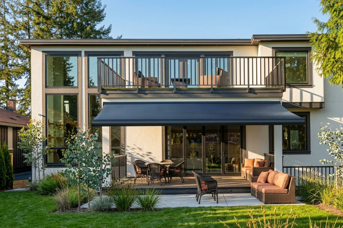 Navy awning shading a rear patio and dining area