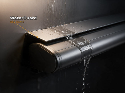 Mansahaus WaterGuard shedding rain off the front of the awning cassette