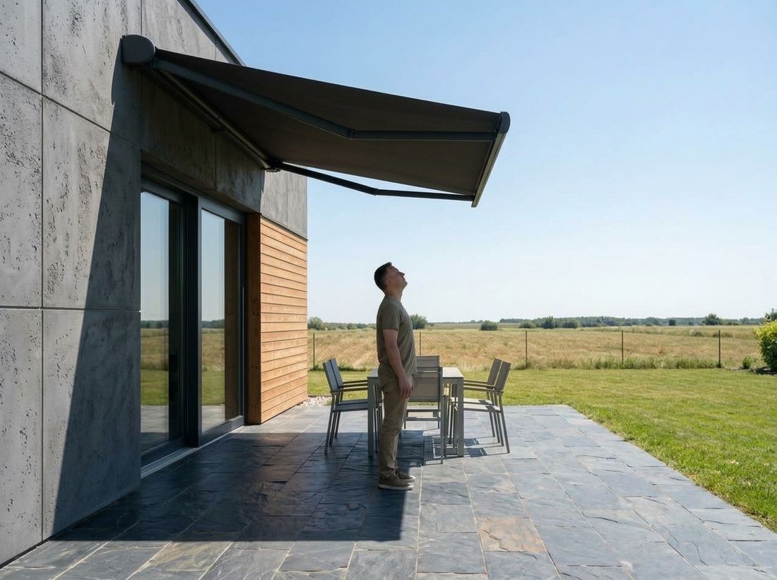 Awning extended 2.5 m from the wall