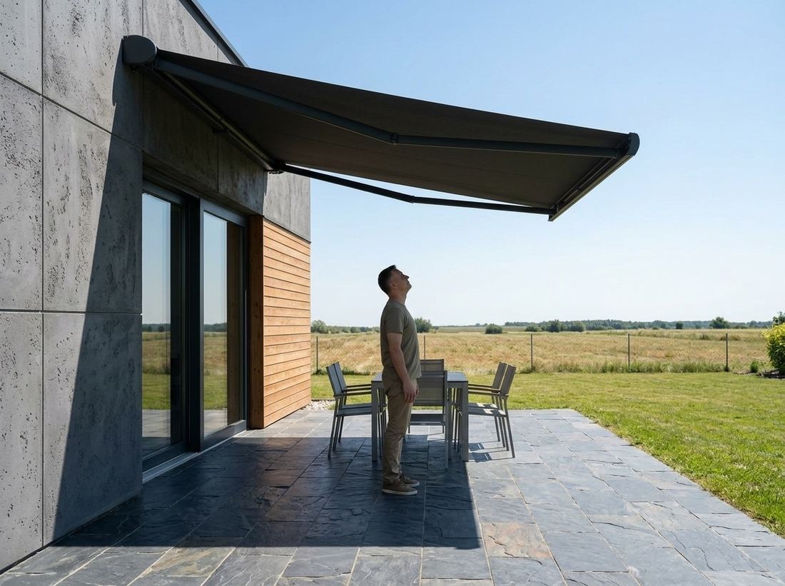 Awning extended 3.5 m from the wall