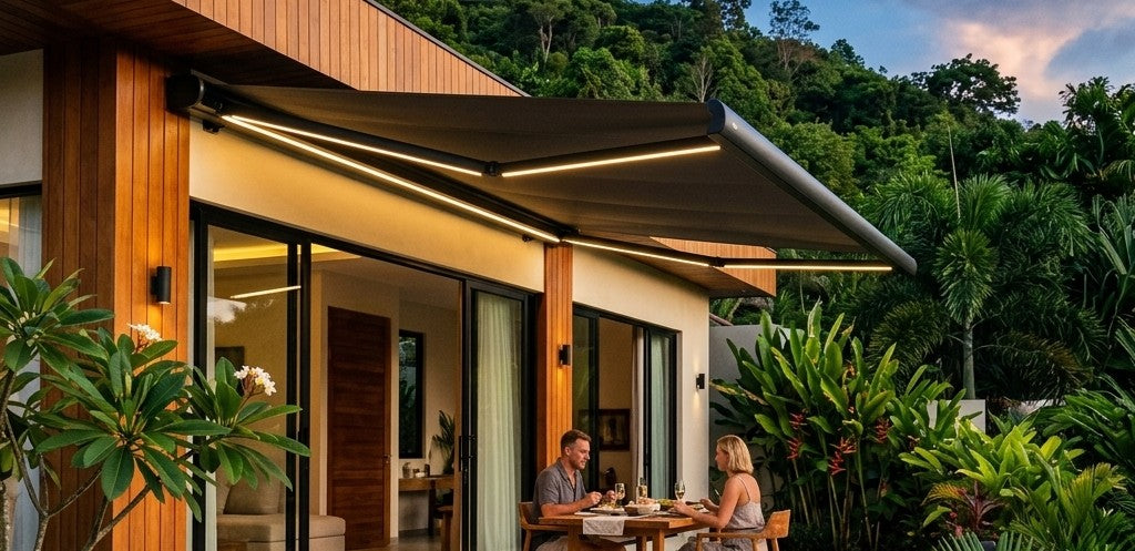Awning at dusk with the LED strips lit along the arms and cassette