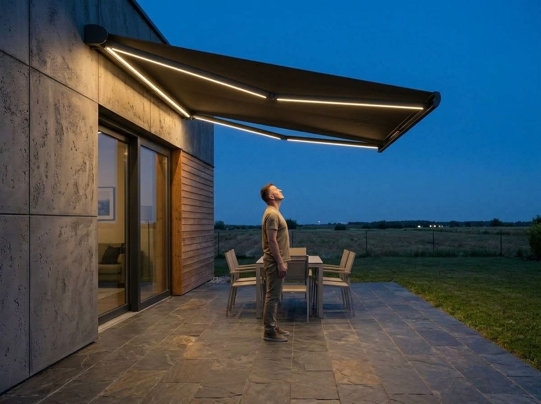 Awning at dusk with the LED strips lit along the arms and cassette