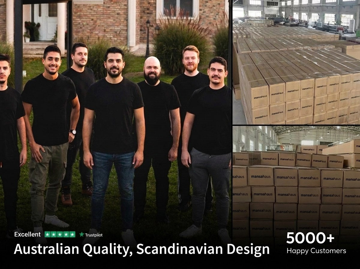 The Mansahaus team, and awnings boxed for dispatch